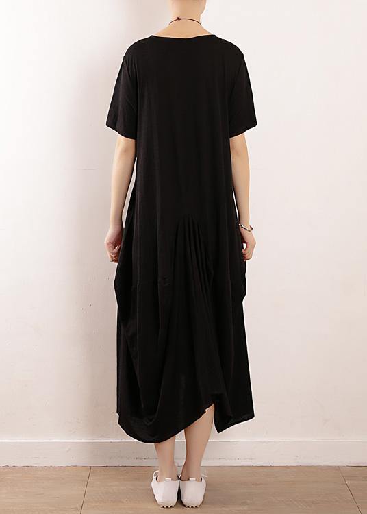 Vivid Black Linen Cotton Robes Asymmetric Summer Dresses