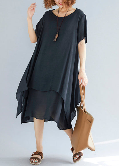 Vivid Black Flowers and Birds Linen-cotton Tunics for Fabrics O Neck Asymmetric Oversized Summer Dress