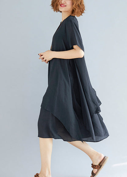 Vivid Brown Necklace Linen-cotton Tunics for Fabrics O Neck Asymmetric Oversized Summer Dress