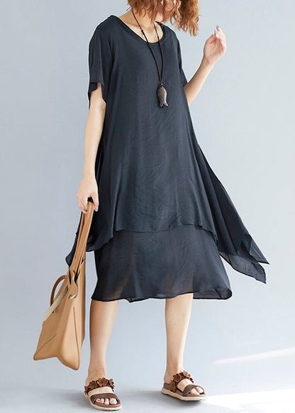 Vivid Black Flowers and Birds Linen-cotton Tunics for Fabrics O Neck Asymmetric Oversized Summer Dress
