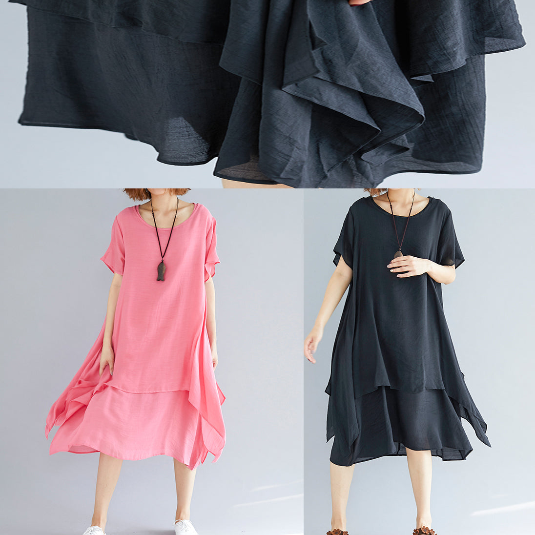 Vivid Black Flowers and Birds Linen-cotton Tunics for Fabrics O Neck Asymmetric Oversized Summer Dress