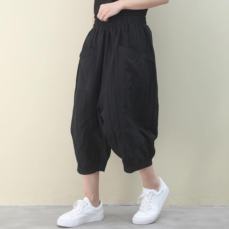 Vivid Black Pants Summer Elastic Waist Pants