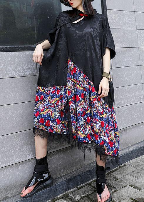 Vivid Black Patchwork Prints Cotton Clothes Chinese Button Summer Dress
