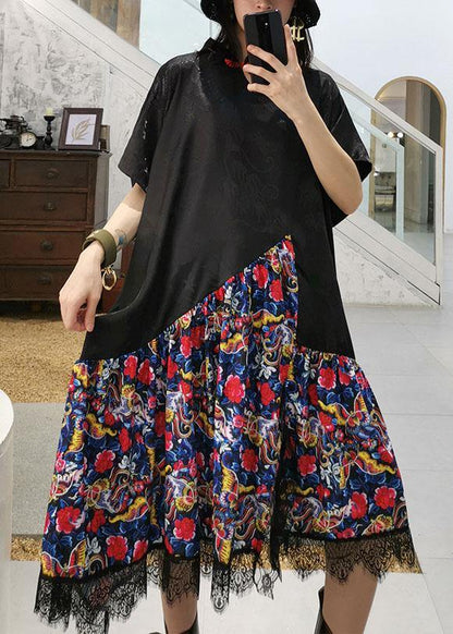 Vivid Black Patchwork Prints Cotton Clothes Chinese Button Summer Dress