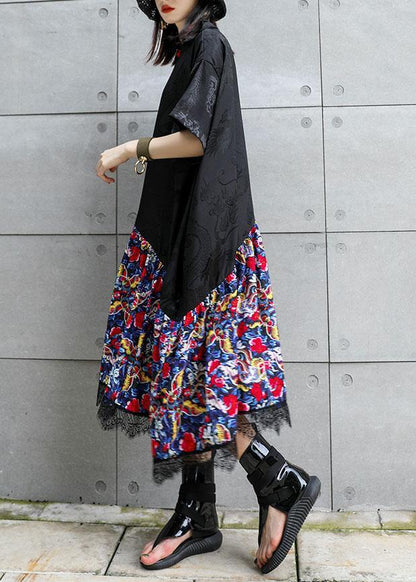 Vivid Black Patchwork Prints Cotton Clothes Chinese Button Summer Dress
