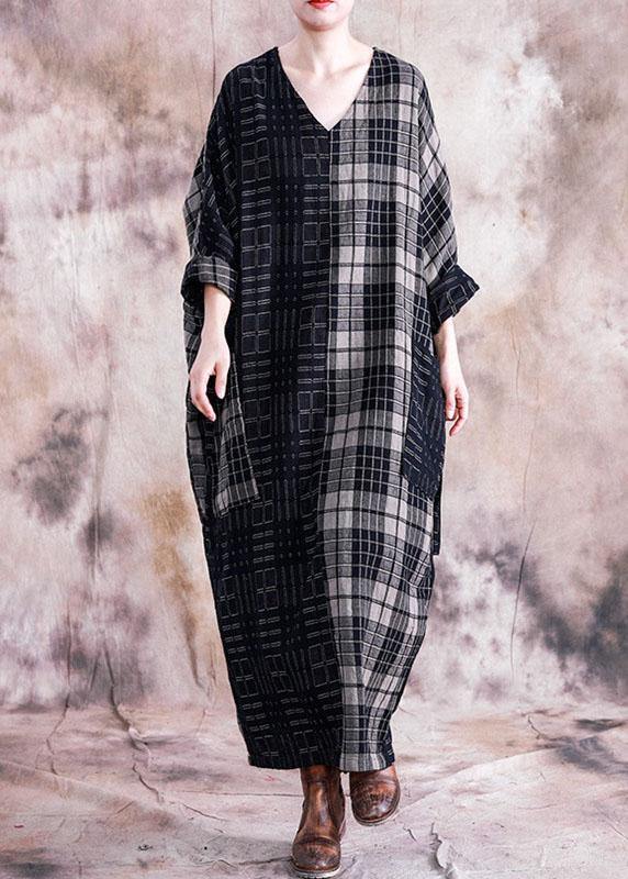 Vivid Black Plaid Linen Cotton Robes V Neck Tie Waist Dresses Fall Dresses