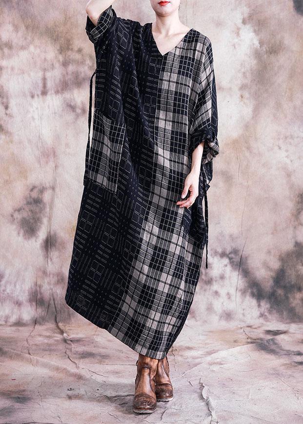 Vivid Black Plaid Linen Cotton Robes V Neck Tie Waist Dresses Fall Dresses
