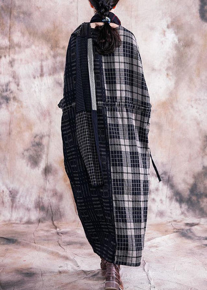 Vivid Black Plaid Linen Cotton Robes V Neck Tie Waist Dresses Fall Dresses