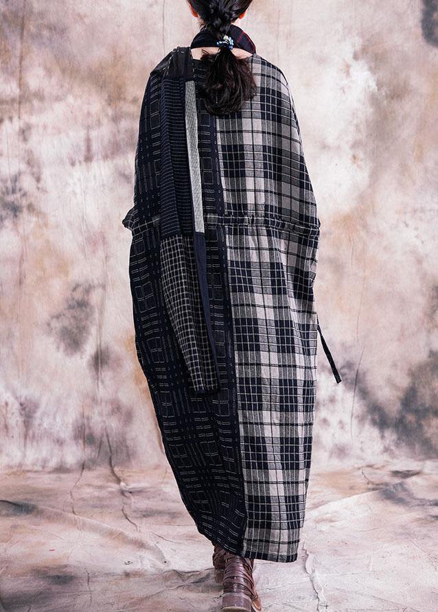Vivid Black Plaid Linen Cotton Robes V Neck Tie Waist Dresses Fall Dresses