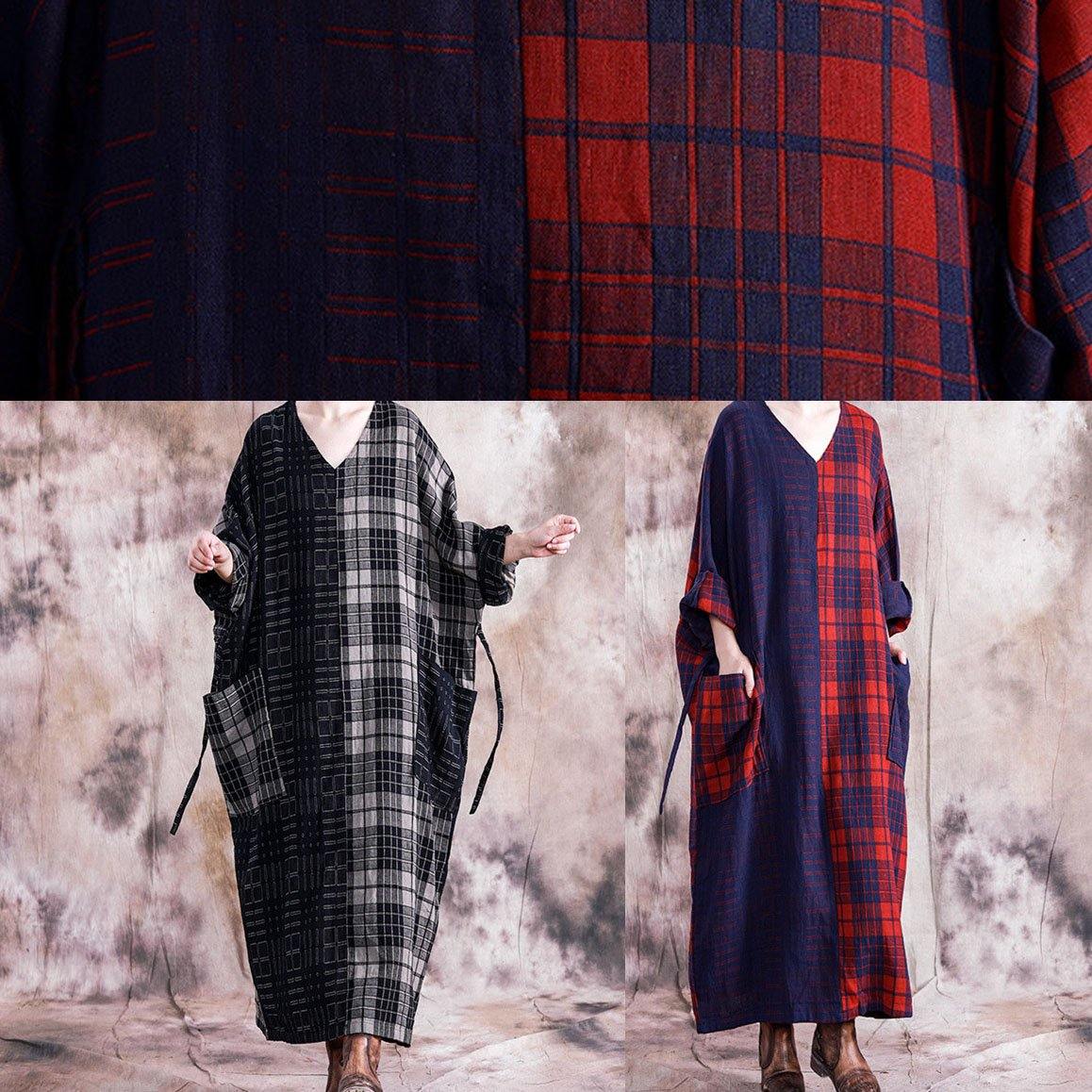 Vivid Black Plaid Linen Cotton Robes V Neck Tie Waist Dresses Fall Dresses