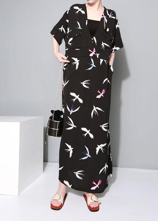 Vivid Black Prints Chiffon Clothes Side Open Traveling Summer Dresses