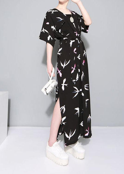 Vivid Black Prints Chiffon Clothes Side Open Traveling Summer Dresses