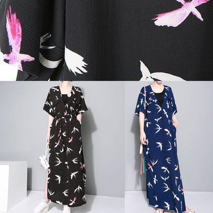 Vivid Black Prints Chiffon Clothes Side Open Traveling Summer Dresses
