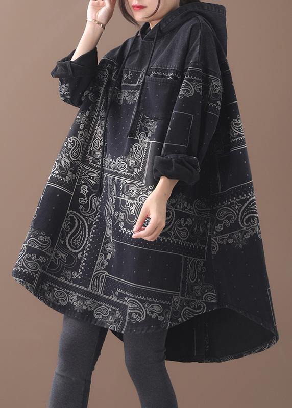 Vivid Black Thick Cotton Quilting Clothes Hooded Short Patchwork Dresses