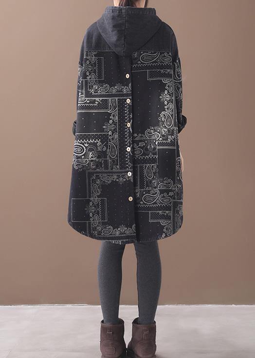 Vivid Black Thick Cotton Quilting Clothes Hooded Short Patchwork Dresses