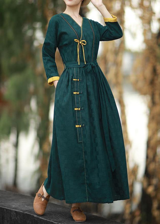 Vivid Blackish Green Plaid Clothes for V Neck Chinese Button Maxi Spring Dresses