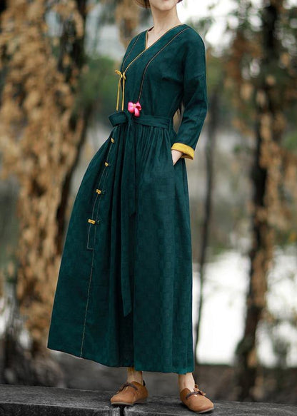 Vivid Blackish Green Plaid Clothes for V Neck Chinese Button Maxi Spring Dresses