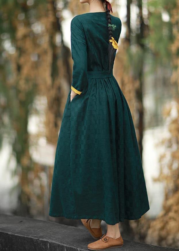 Vivid Blackish Green Plaid Clothes for V Neck Chinese Button Maxi Spring Dresses