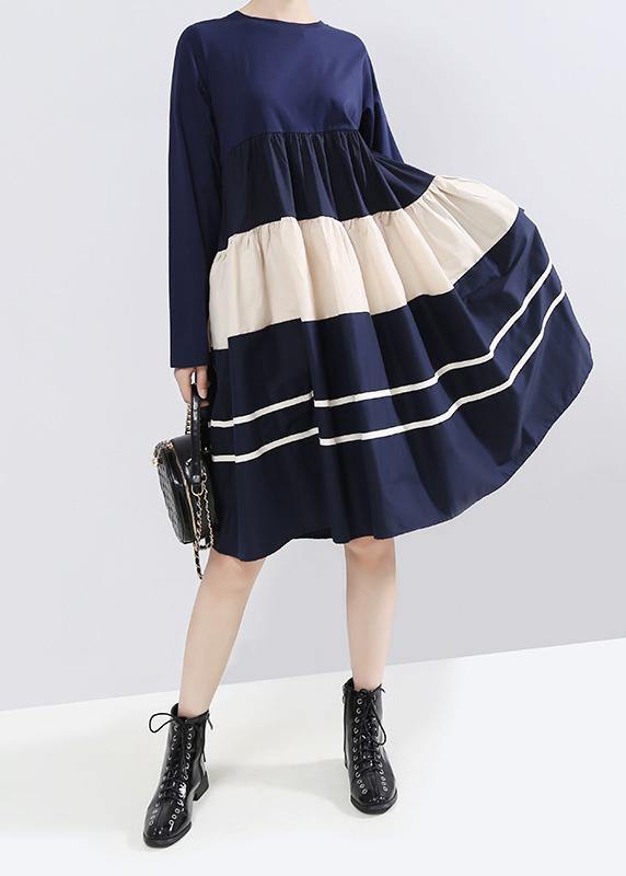 Vivid Blue Cotton Outfit Long Sleeve a Line Patchwork Dress