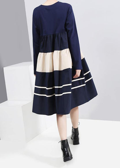 Vivid Blue Cotton Outfit Long Sleeve a Line Patchwork Dress