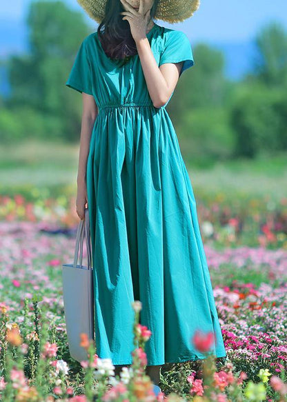 Vivid Blue Cotton Tunic Top O Neck Drawstring Long Summer Dress