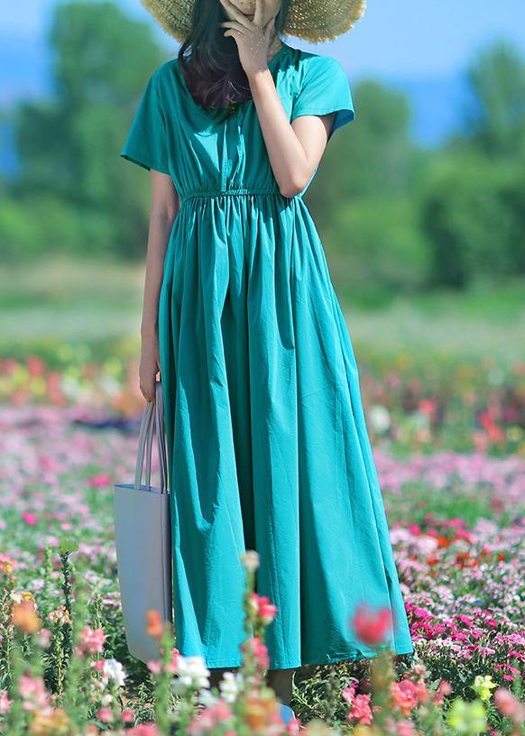 Vivid Blue Cotton Tunic Top O Neck Drawstring Long Summer Dress