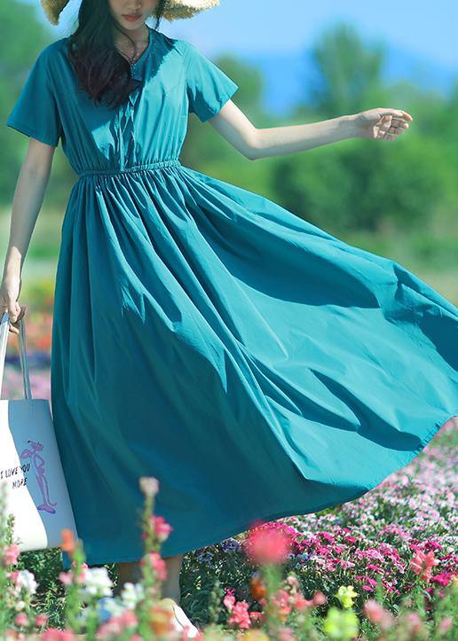 Vivid Blue Cotton Tunic Top O Neck Drawstring Long Summer Dress