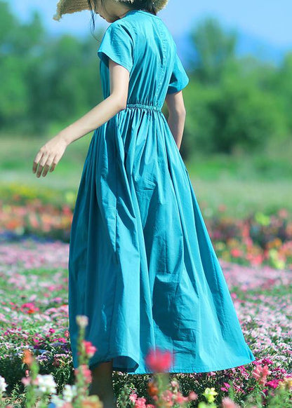 Vivid Blue Cotton Tunic Top O Neck Drawstring Long Summer Dress