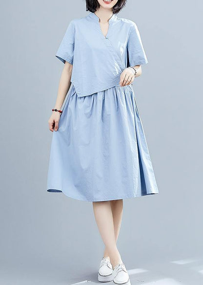 Vivid Blue Patchwork Cotton Clothes False Two Pieces Kaftan Summer Dresses