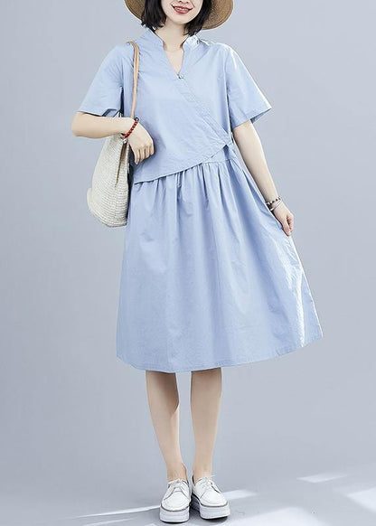 Vivid Blue Patchwork Cotton Clothes False Two Pieces Kaftan Summer Dresses