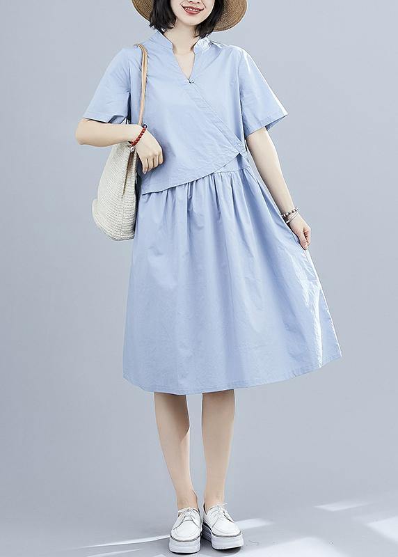 Vivid Blue Patchwork Cotton Clothes False Two Pieces Kaftan Summer Dresses