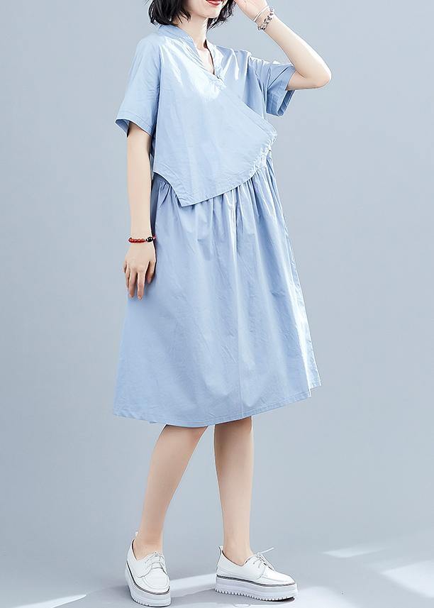Vivid Blue Patchwork Cotton Clothes False Two Pieces Kaftan Summer Dresses