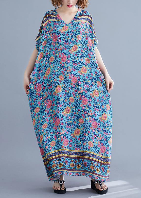 Vivid Blue Print Long V Neck Batwing Sleeve Art Summer Dress