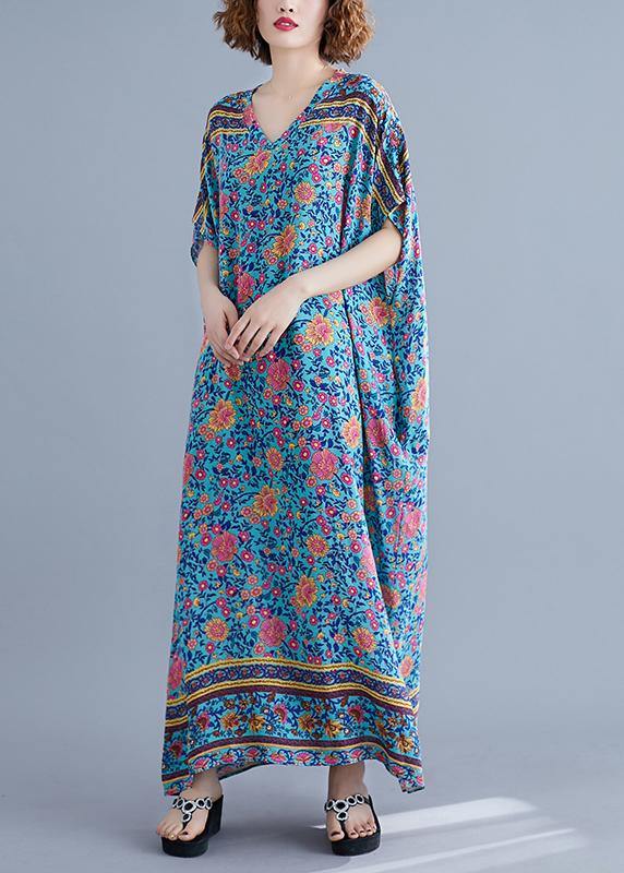 Vivid Blue Print Long V Neck Batwing Sleeve Art Summer Dress