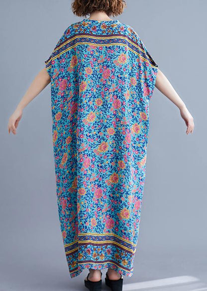 Vivid Blue Print Long V Neck Batwing Sleeve Art Summer Dress