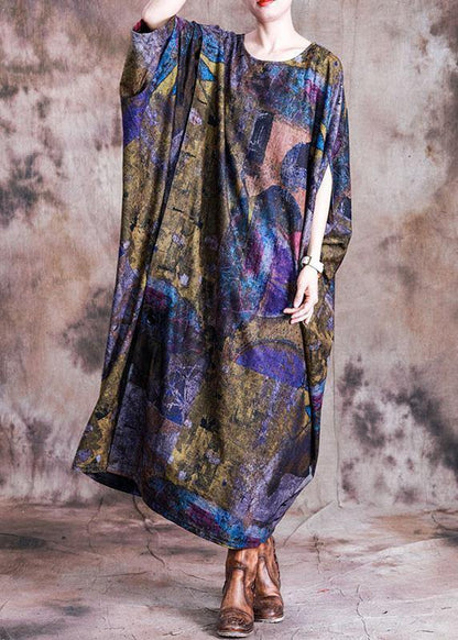 Vivid Blue Print Cotton Dress O Neck Batwing Sleeve Maxi Fall Dress