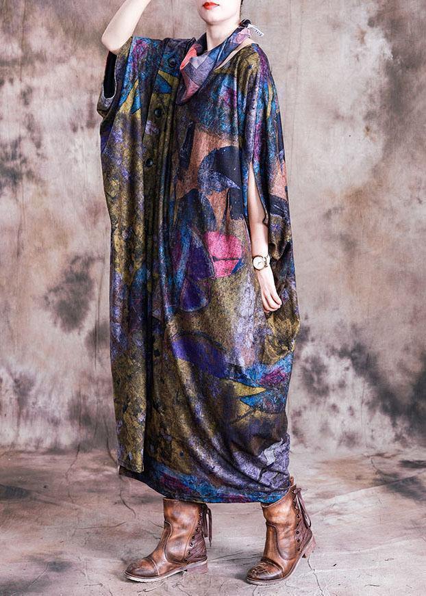 Vivid Blue Print Cotton Dress O Neck Batwing Sleeve Maxi Fall Dress