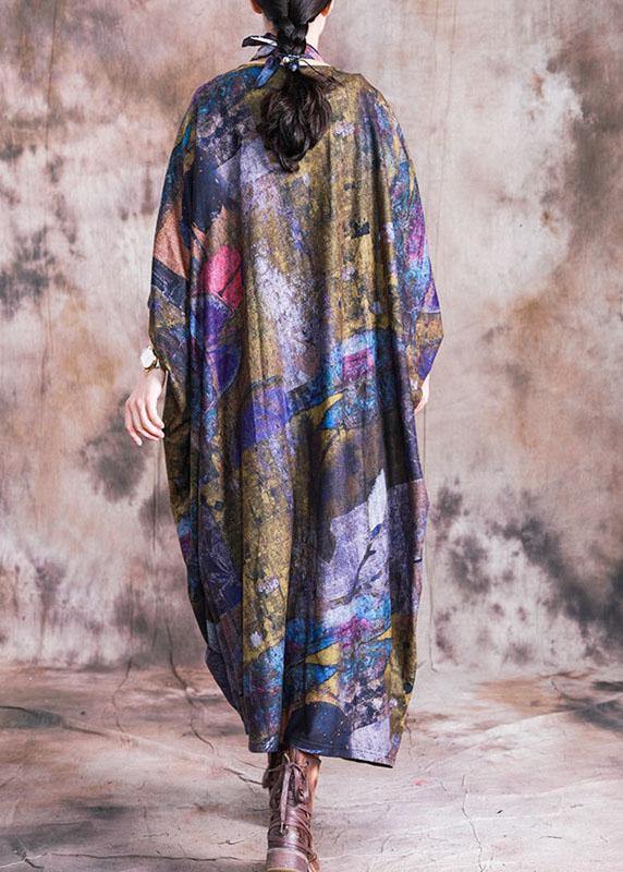 Vivid Blue Print Cotton Dress O Neck Batwing Sleeve Maxi Fall Dress