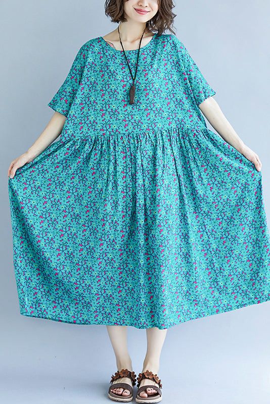 Vivid Blue Print Cotton Linen Clothes Fine Design O Neck Cinched Kaftan Summer Dress