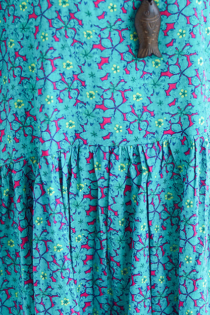 Vivid Blue Print Cotton Linen Clothes Fine Design O Neck Cinched Kaftan Summer Dress