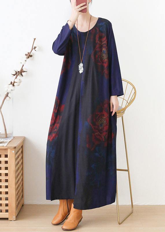 Vivid Blue Print Dress O Neck Pockets Maxi Fall Dress