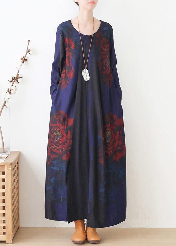 Vivid Blue Print Dress O Neck Pockets Maxi Fall Dress