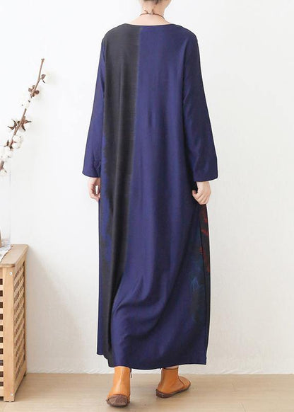 Vivid Blue Print Dress O Neck Pockets Maxi Fall Dress