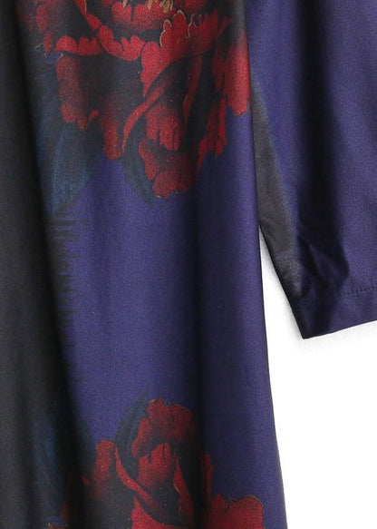 Vivid Blue Print Dress O Neck Pockets Maxi Fall Dress