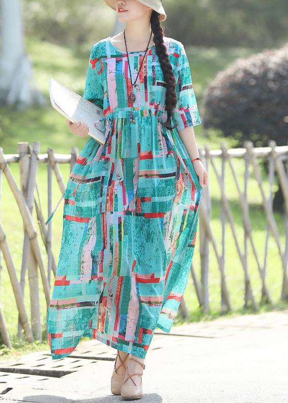 Vivid Blue Print Linen Long Shirts Korea Sewing O Neck Clothing Summer Dress
