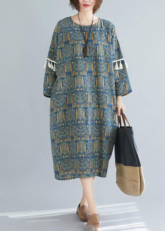 Vivid Blue Print Linen Clothes O Neck Tassel Long Spring Dresses