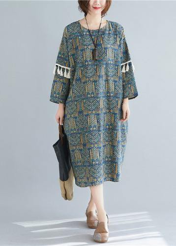 Vivid Blue Print Linen Clothes O Neck Tassel Long Spring Dresses