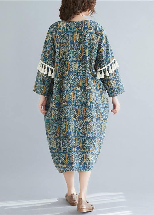 Vivid Blue Print Linen Clothes O Neck Tassel Long Spring Dresses