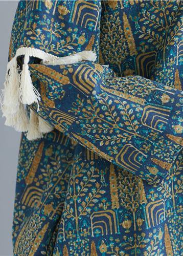 Vivid Blue Print Linen Clothes O Neck Tassel Long Spring Dresses