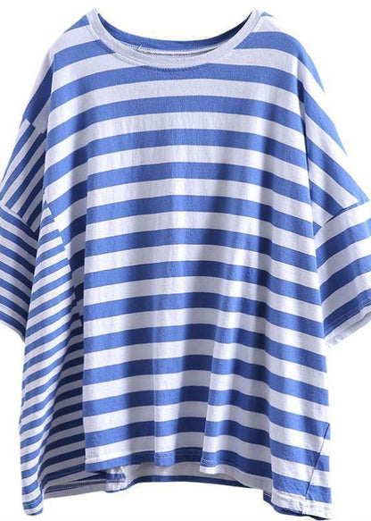 Vivid Blue Striped Cotton Shirts Batwing Sleeve Top